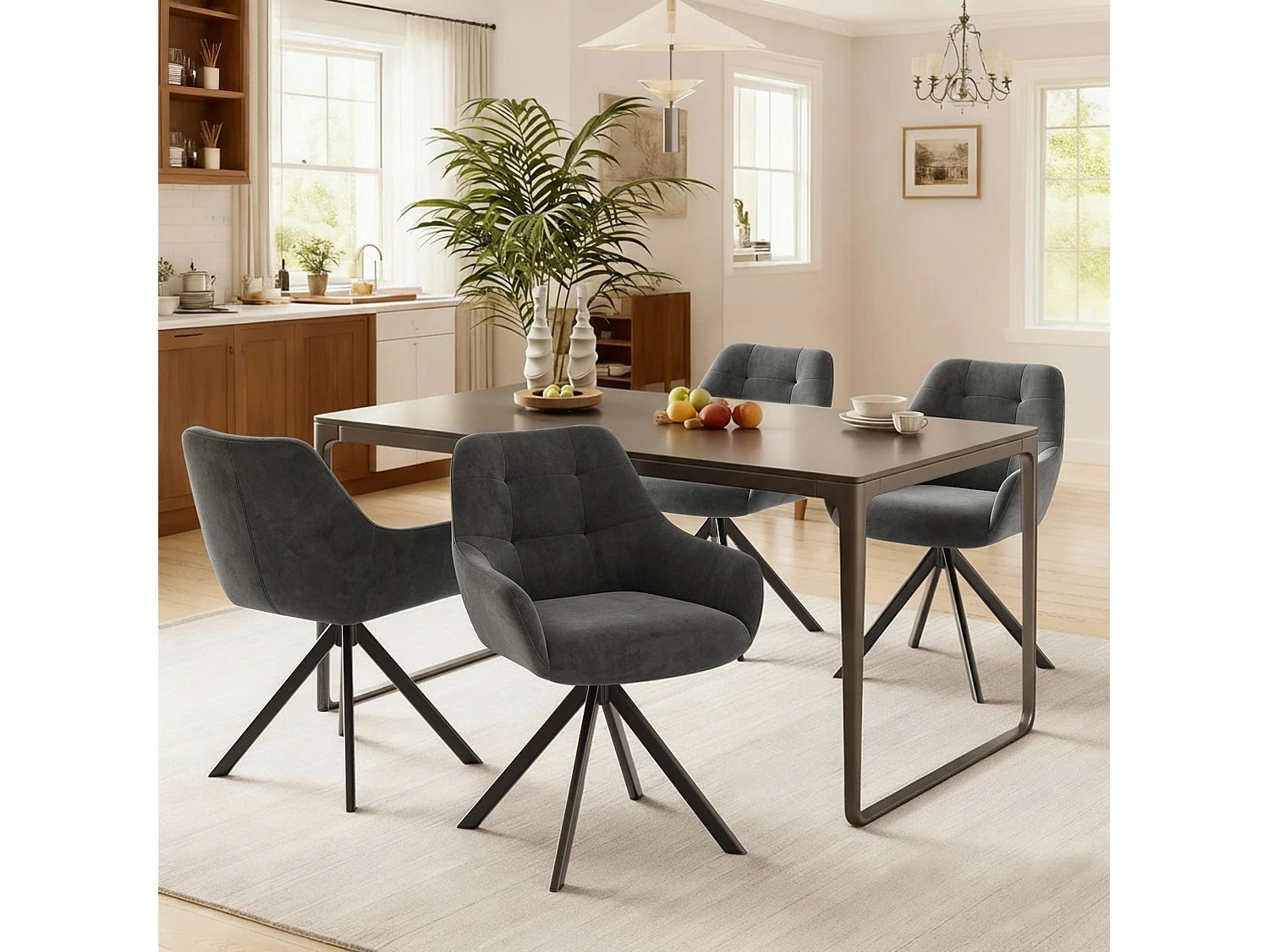 Lot de 2 chaises de salle à manger pivotantes 360° | Demi-accoudoirs, base métallique, gris