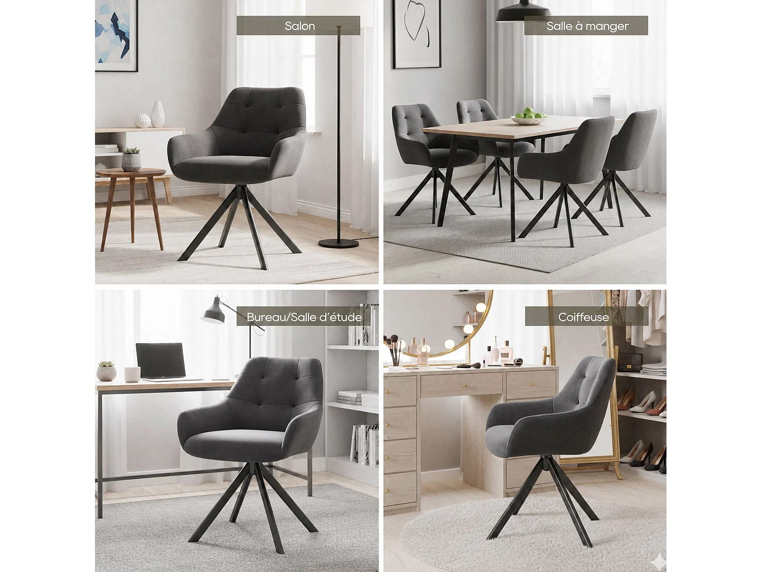 Lot de 2 chaises de salle à manger pivotantes 360° | Demi-accoudoirs, base métallique, gris