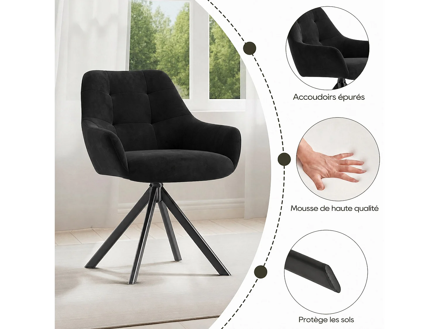 Lot de 2 chaises de salle à manger pivotantes 360° | Demi-accoudoirs, base métallique, noir