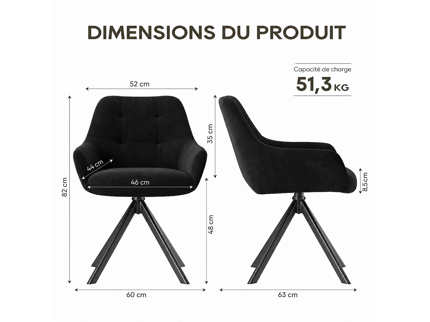 Lot de 2 chaises de salle à manger pivotantes 360° | Demi-accoudoirs, base métallique, noir
