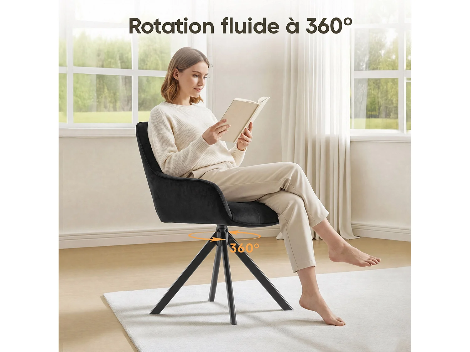 Lot de 2 chaises de salle à manger pivotantes 360° | Demi-accoudoirs, base métallique, noir