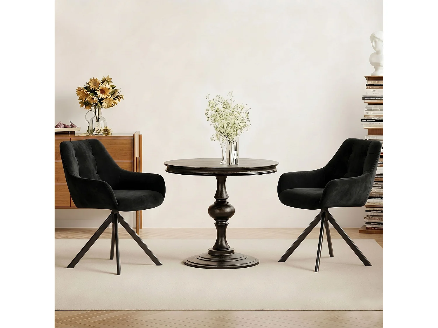 Lot de 2 chaises de salle à manger pivotantes 360° | Demi-accoudoirs, base métallique, noir