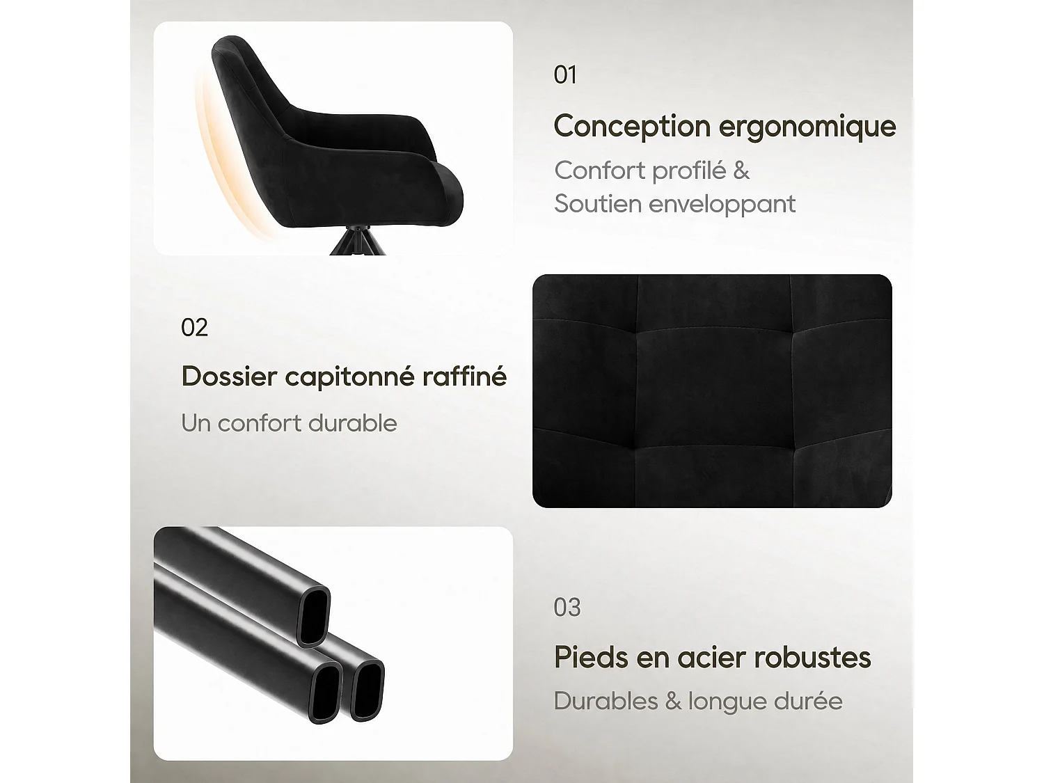 Lot de 2 chaises de salle à manger pivotantes 360° | Demi-accoudoirs, base métallique, noir