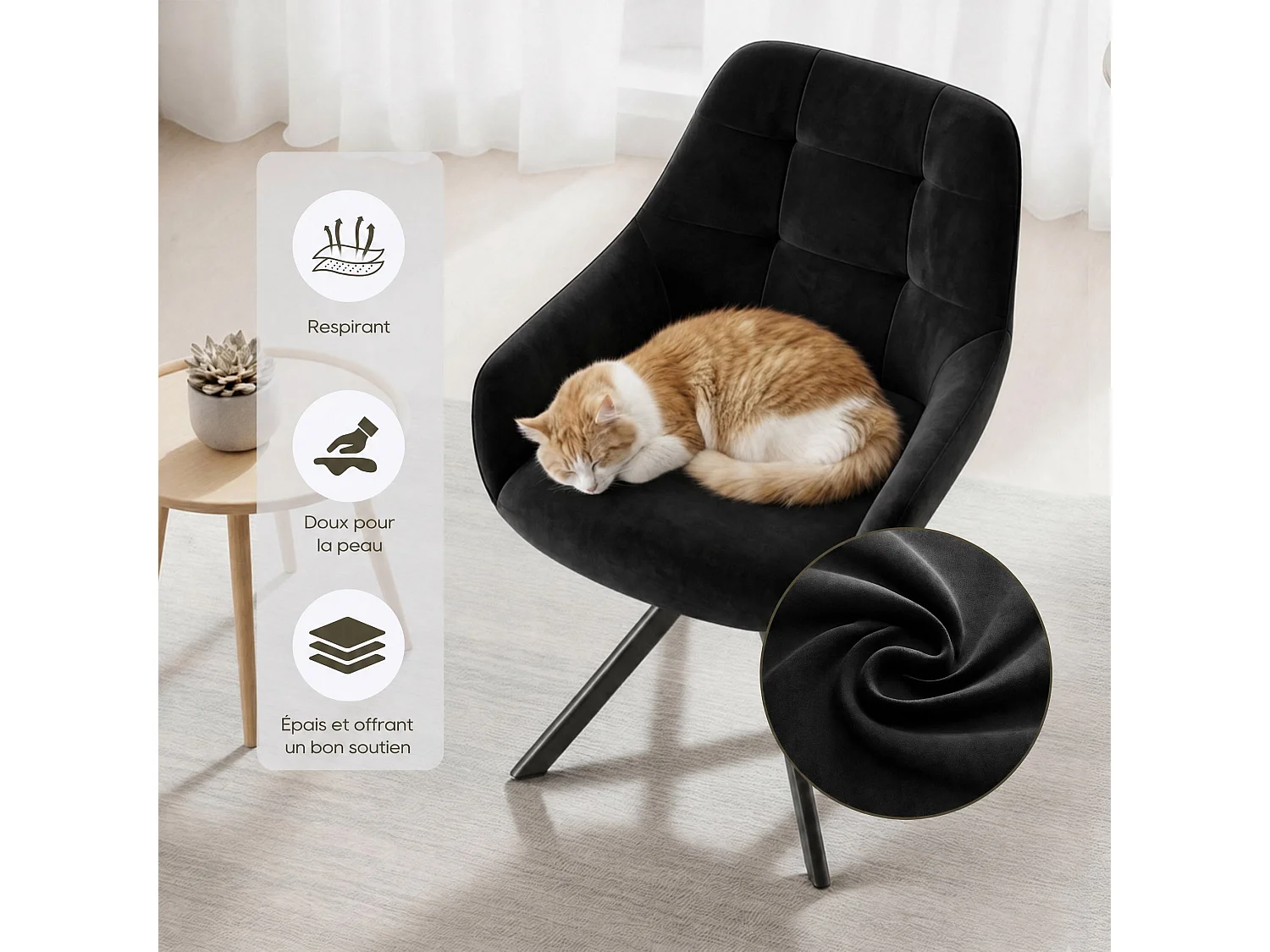 Lot de 2 chaises de salle à manger pivotantes 360° | Demi-accoudoirs, base métallique, noir