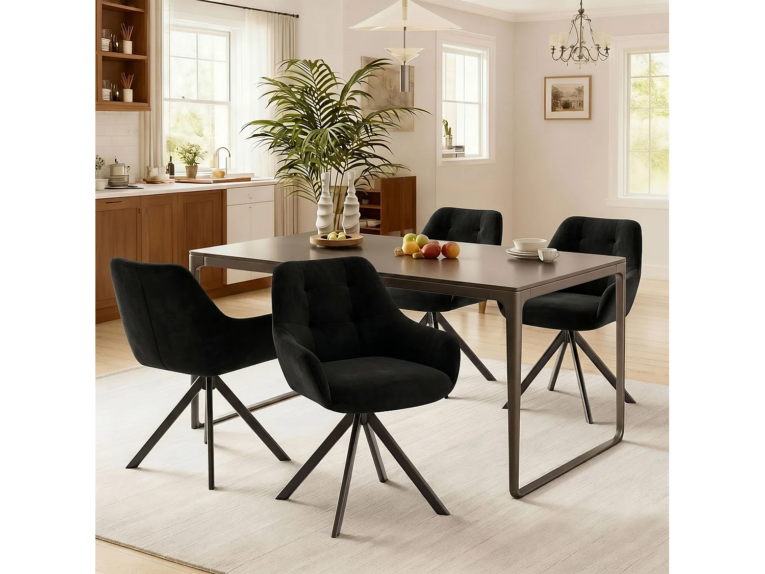 Lot de 2 chaises de salle à manger pivotantes 360° | Demi-accoudoirs, base métallique, noir