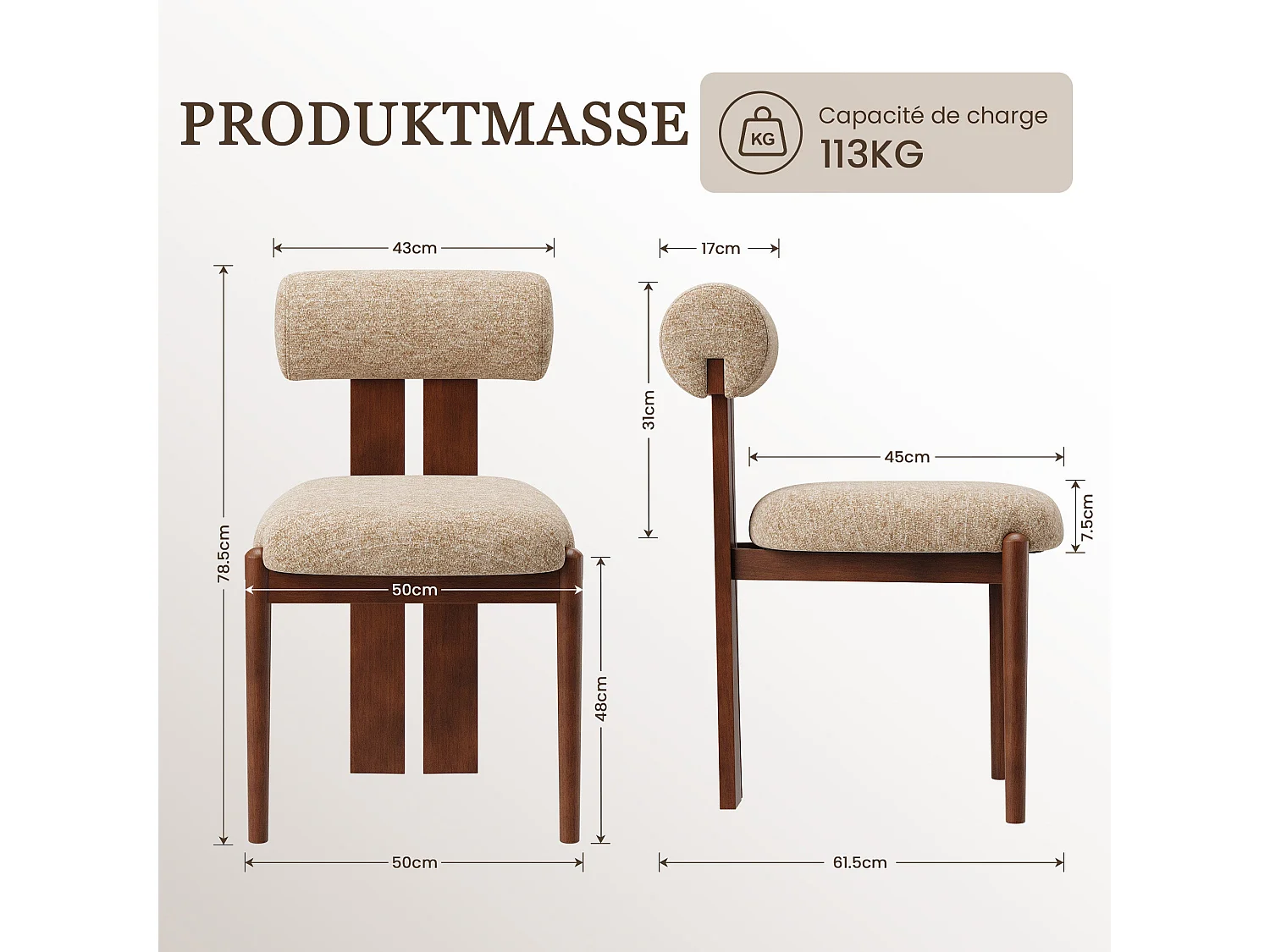 Lot de 6 chaises de salle à manger SMARTUE, dossier cylindrique, cadre en bois, pieds noyer foncé, Camel