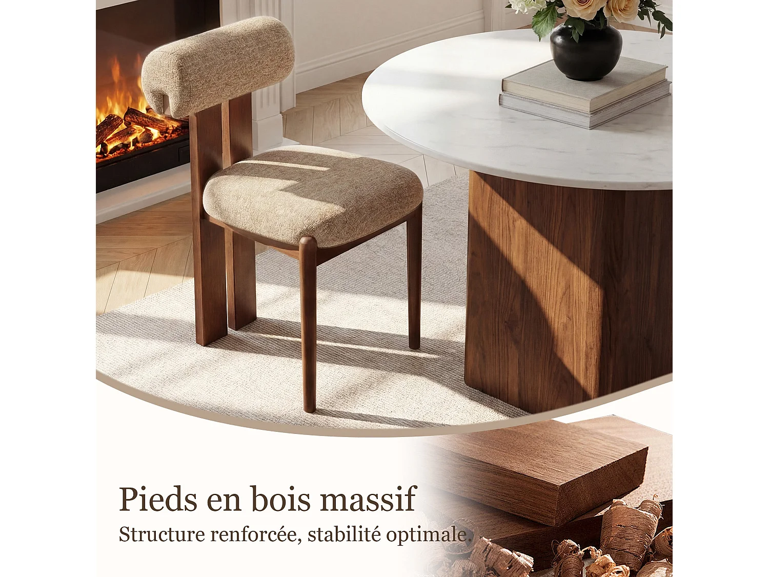 Lot de 6 chaises de salle à manger SMARTUE, dossier cylindrique, cadre en bois, pieds noyer foncé, Camel