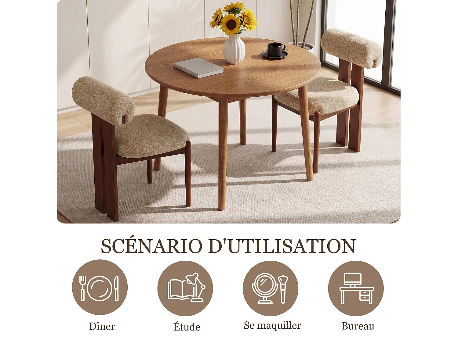 Lot de 6 chaises de salle à manger SMARTUE, dossier cylindrique, cadre en bois, pieds noyer foncé, Camel