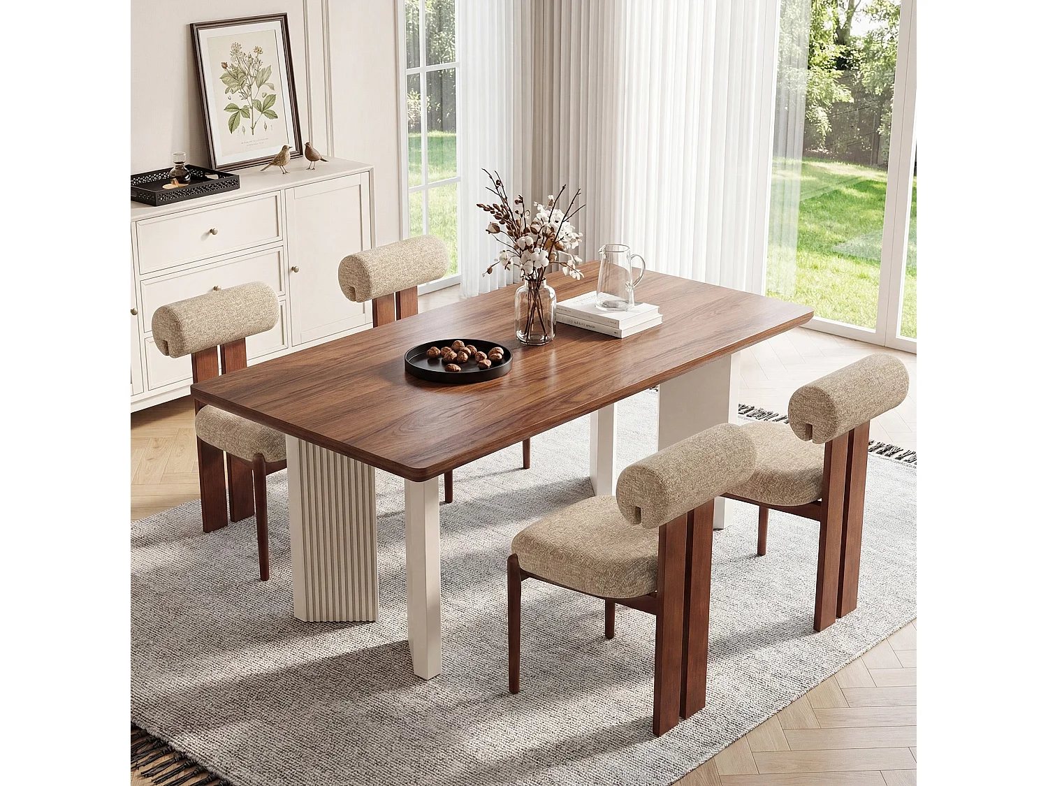 Lot de 6 chaises de salle à manger SMARTUE, dossier cylindrique, cadre en bois, pieds noyer foncé, Camel