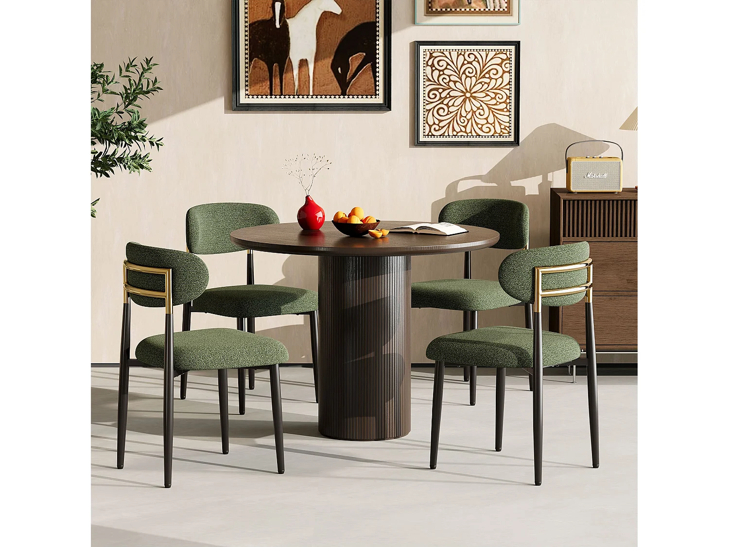Lot de 2 chaises de salle à manger en tissu rembourrées, dossier arrondi avec cadre doré, pieds métal, vert