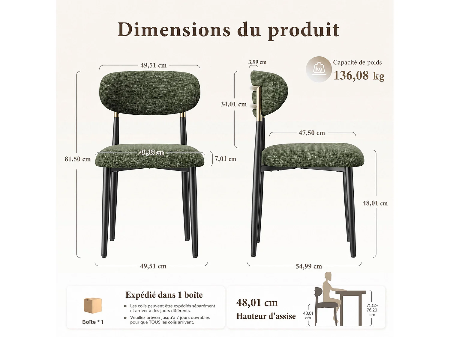 Lot de 2 chaises de salle à manger en tissu rembourrées, dossier arrondi avec cadre doré, pieds métal, vert
