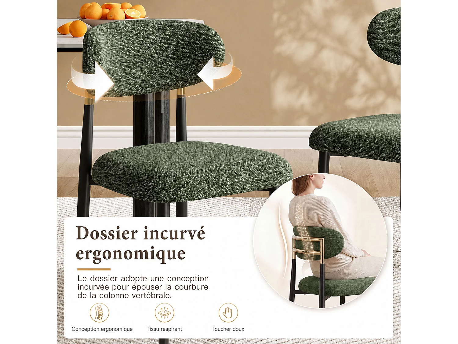 Lot de 2 chaises de salle à manger en tissu rembourrées, dossier arrondi avec cadre doré, pieds métal, vert