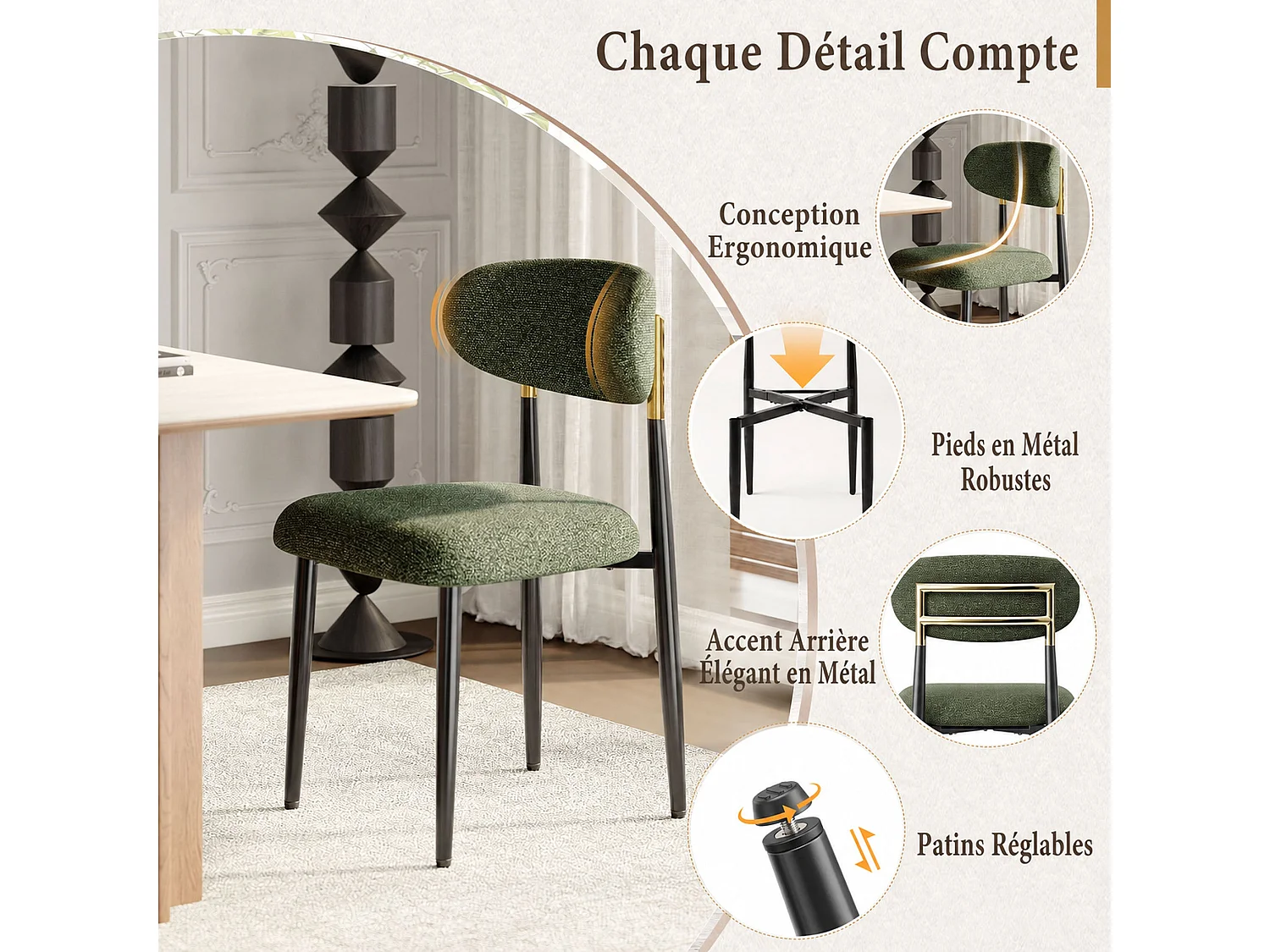 Lot de 2 chaises de salle à manger en tissu rembourrées, dossier arrondi avec cadre doré, pieds métal, vert