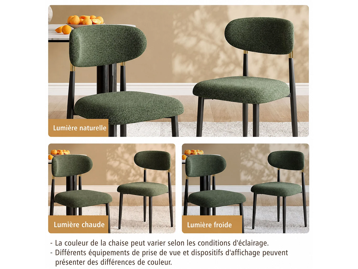 Lot de 2 chaises de salle à manger en tissu rembourrées, dossier arrondi avec cadre doré, pieds métal, vert