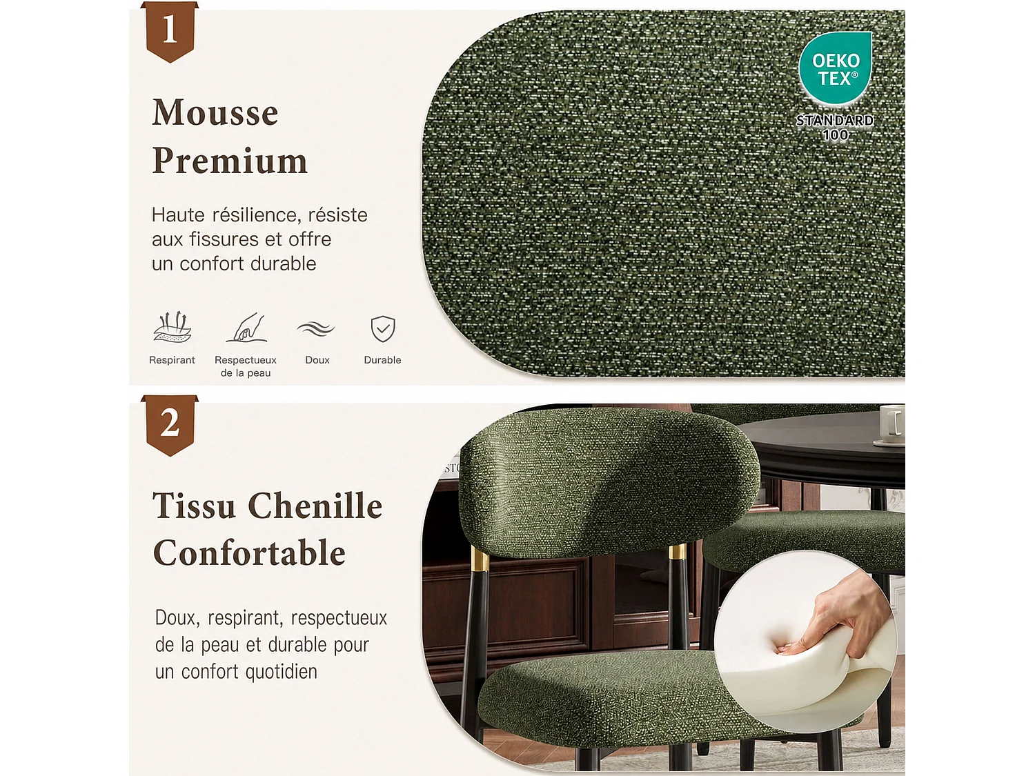 Lot de 2 chaises de salle à manger en tissu rembourrées, dossier arrondi avec cadre doré, pieds métal, vert