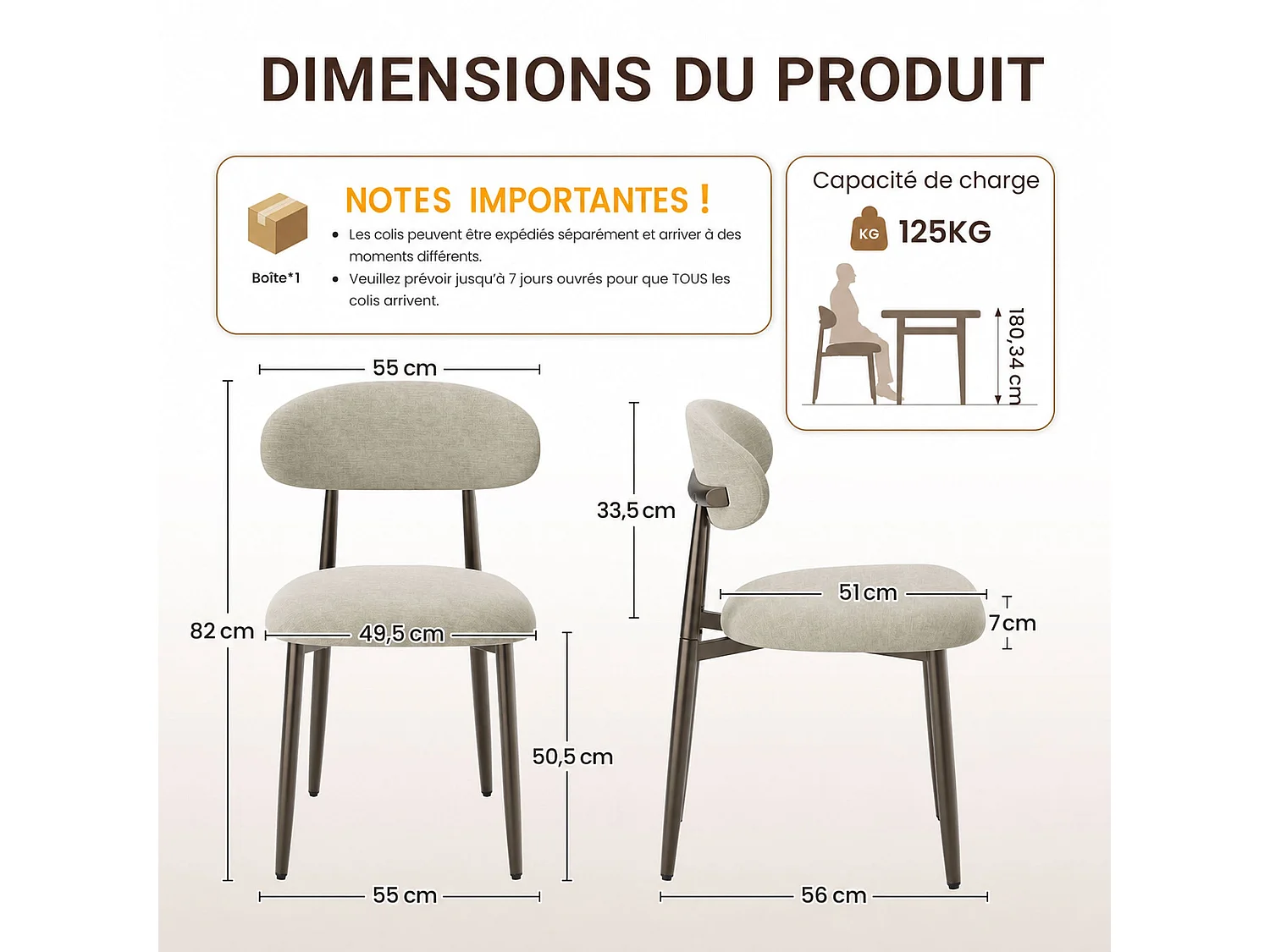 Lot de 2 chaises de salle à manger en tissu rembourré, dossier incurvé ergonomique, pieds en métal finition bronze, camel