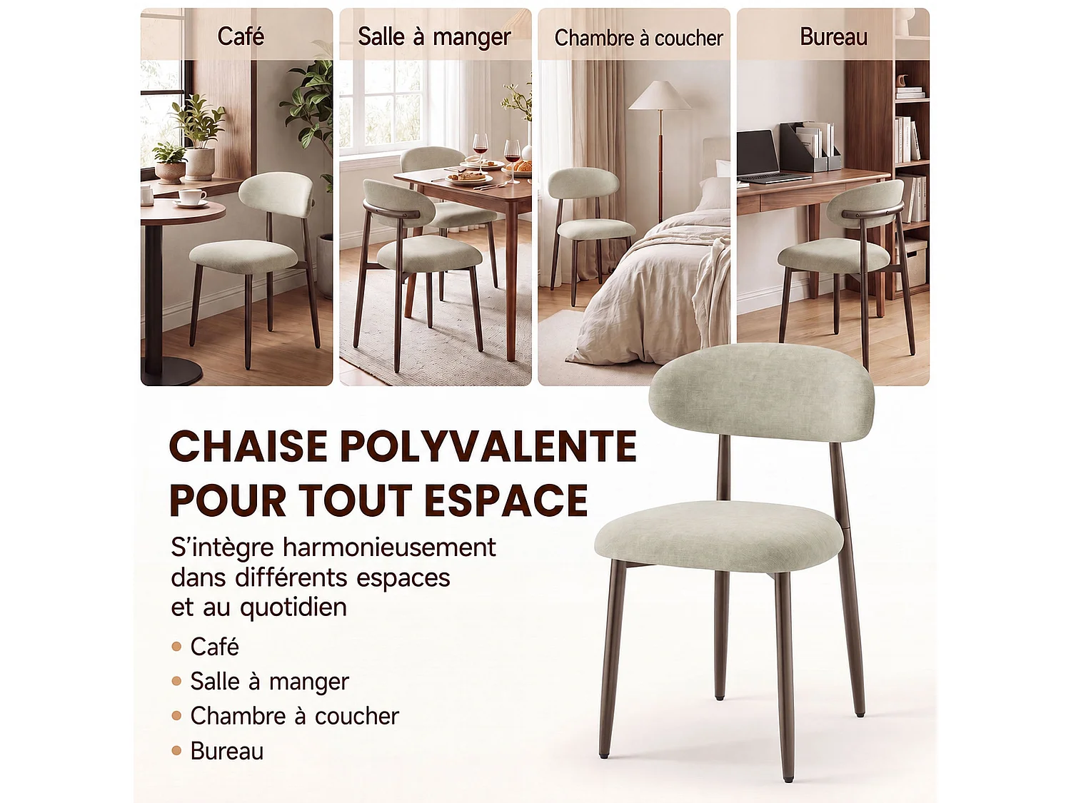 Lot de 2 chaises de salle à manger en tissu rembourré, dossier incurvé ergonomique, pieds en métal finition bronze, camel