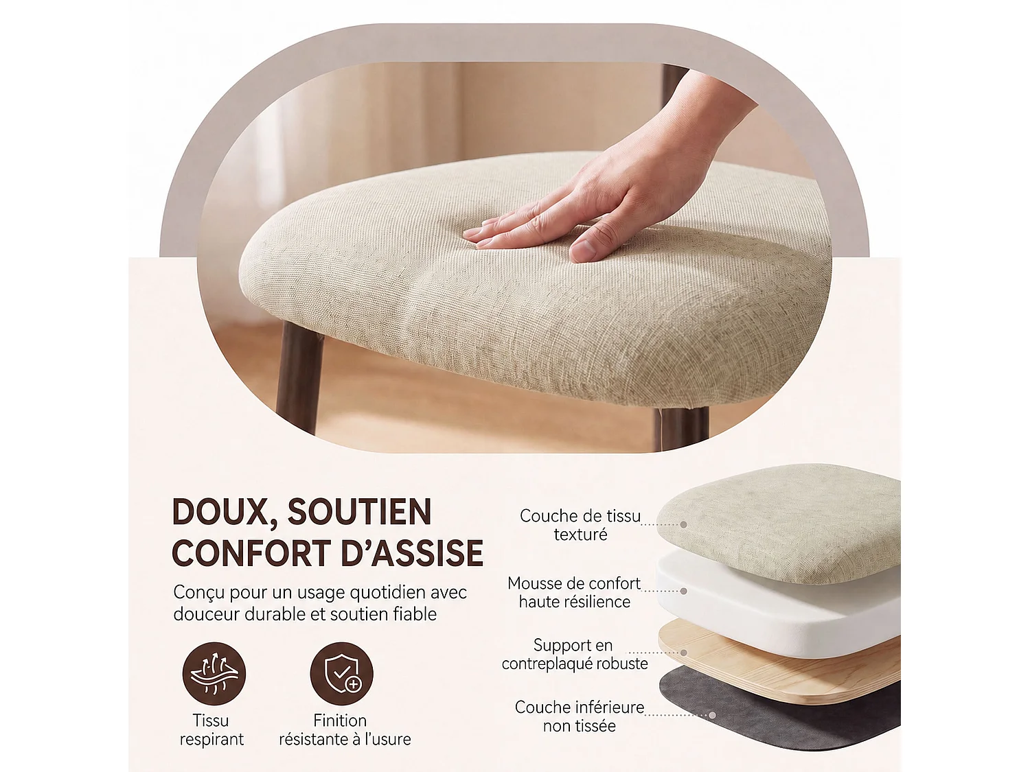 Lot de 2 chaises de salle à manger en tissu rembourré, dossier incurvé ergonomique, pieds en métal finition bronze, camel
