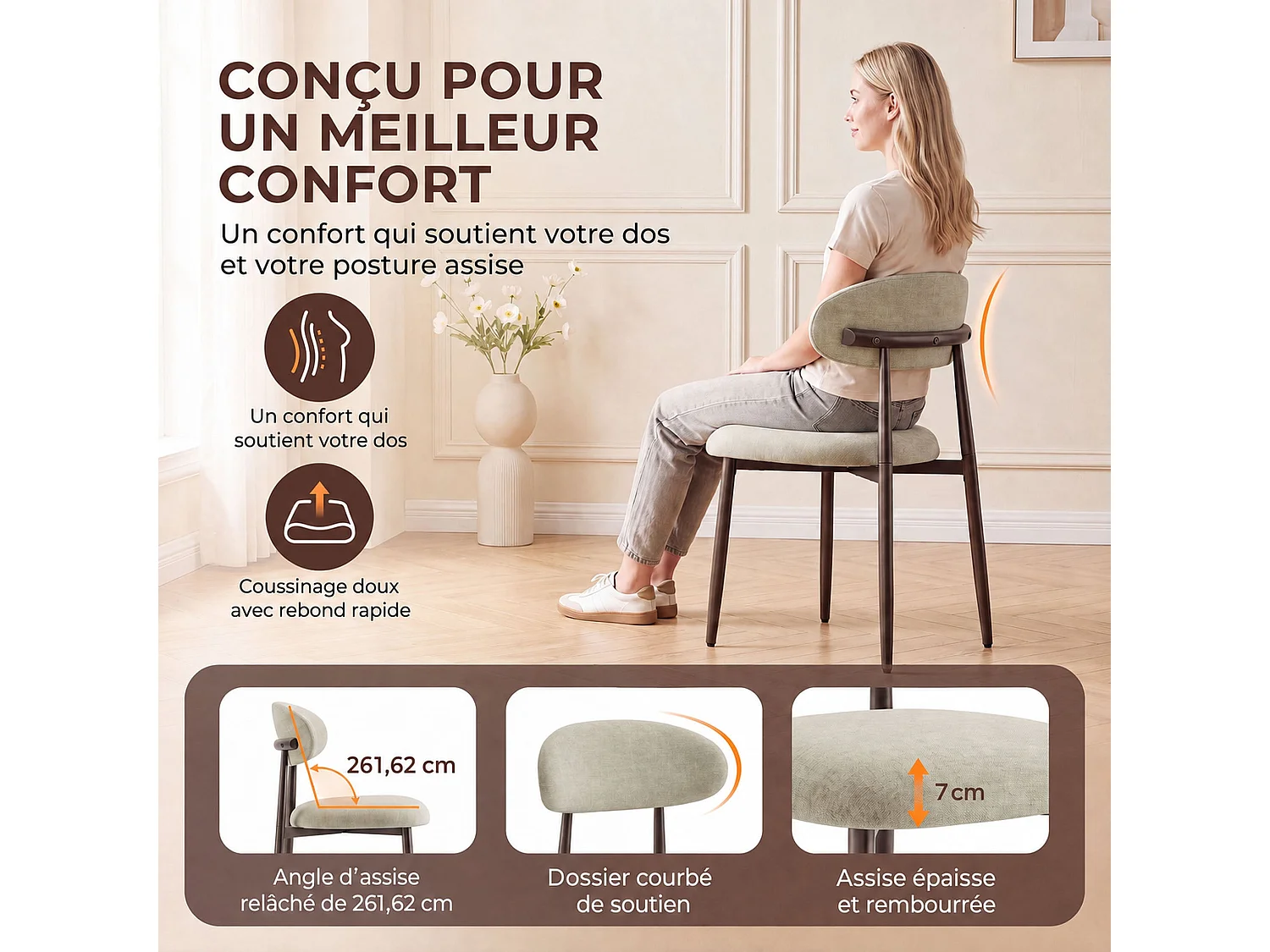 Lot de 2 chaises de salle à manger en tissu rembourré, dossier incurvé ergonomique, pieds en métal finition bronze, camel