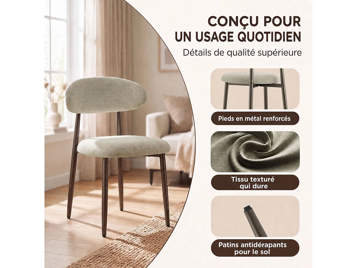 Lot de 2 chaises de salle à manger en tissu rembourré, dossier incurvé ergonomique, pieds en métal finition bronze, camel