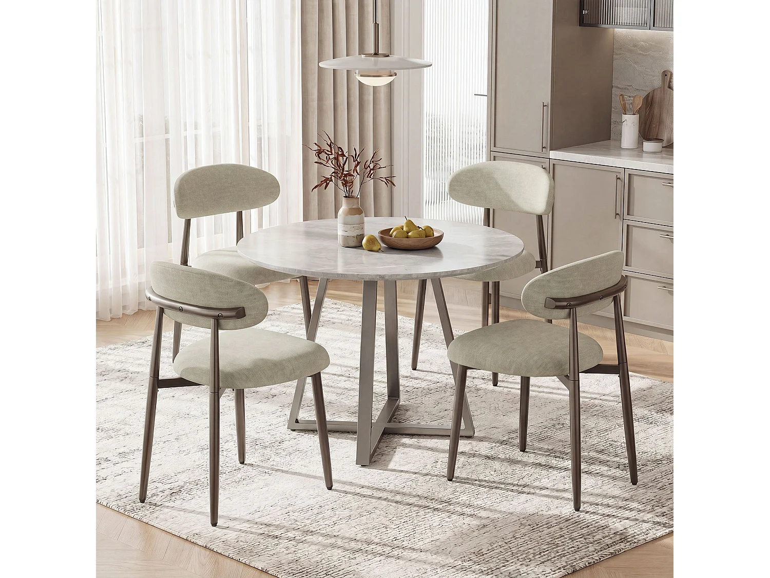 Lot de 2 chaises de salle à manger en tissu rembourré, dossier incurvé ergonomique, pieds en métal finition bronze, camel
