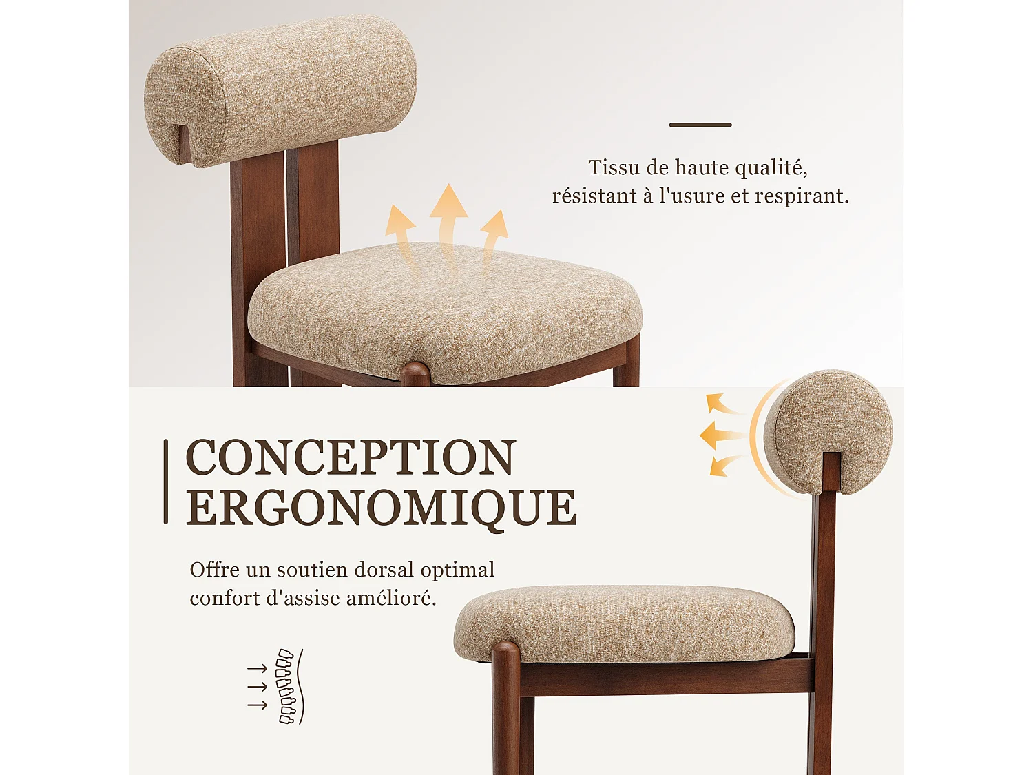 Lot de 4 chaises de salle à manger SMARTUE, dossier cylindrique, cadre en bois, pieds noyer foncé, Camel