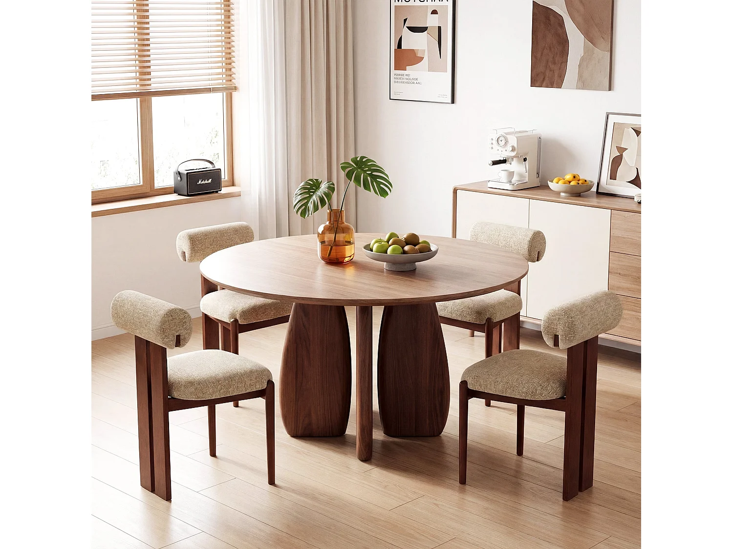 Lot de 4 chaises de salle à manger SMARTUE, dossier cylindrique, cadre en bois, pieds noyer foncé, Camel