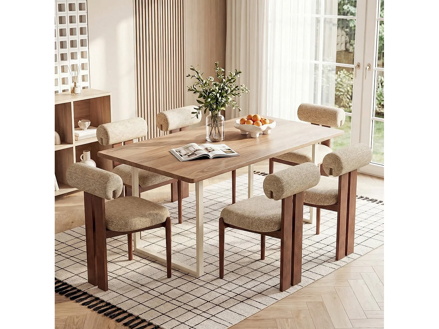 Lot de 4 chaises de salle à manger SMARTUE, dossier cylindrique, cadre en bois, pieds noyer foncé, Camel