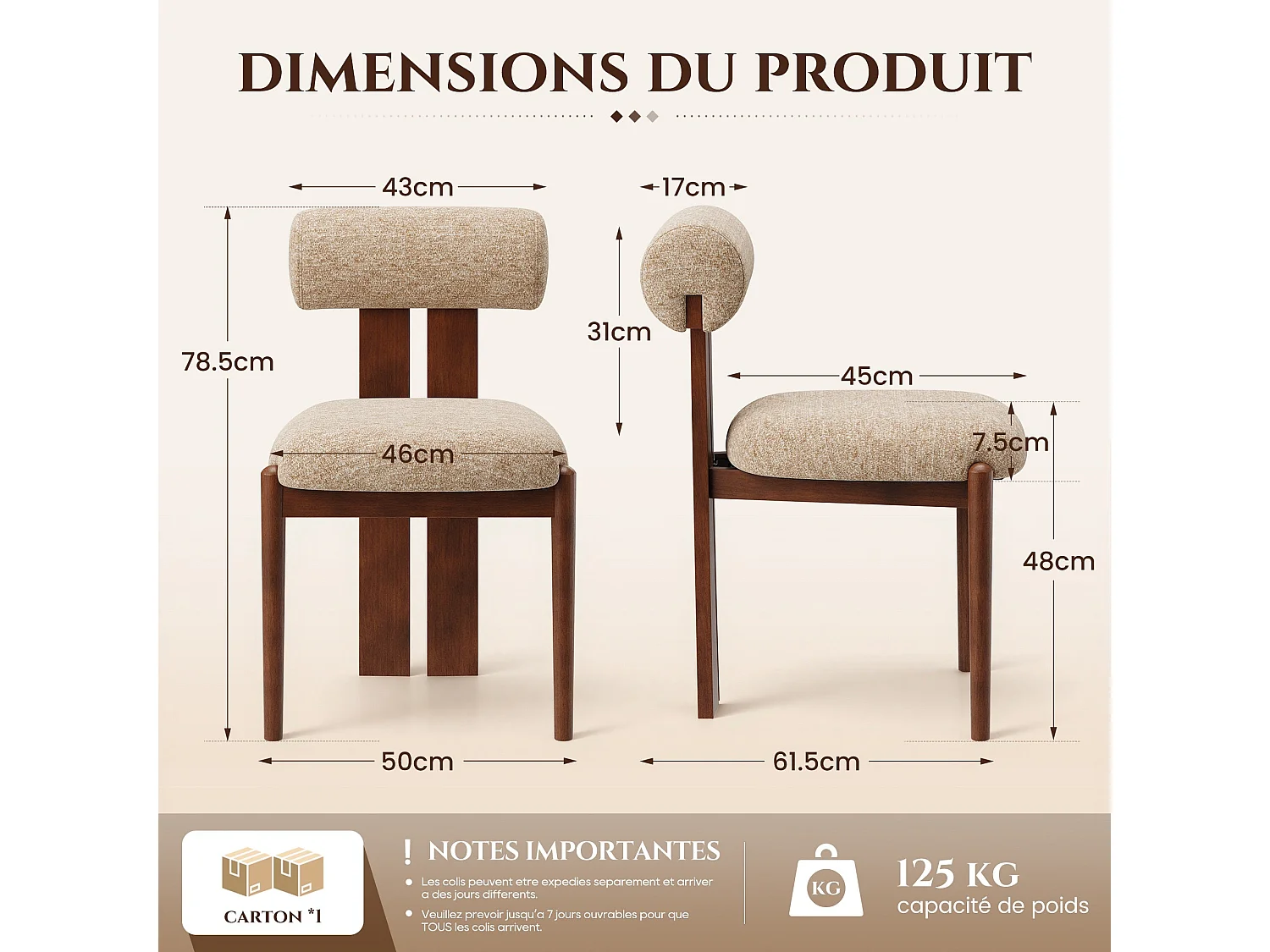 Lot de 4 chaises de salle à manger SMARTUE, dossier cylindrique, cadre en bois, pieds noyer foncé, Camel