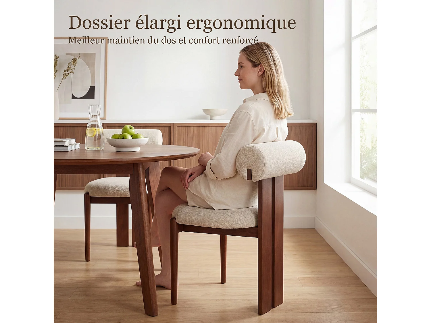 Lot de 6 chaises de salle à manger SMARTUE, dossier cylindrique, cadre en bois, pieds noyer foncé, Beige