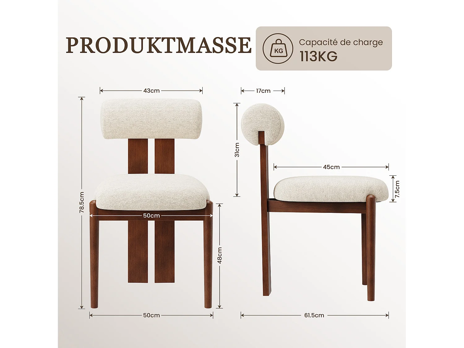 Lot de 6 chaises de salle à manger SMARTUE, dossier cylindrique, cadre en bois, pieds noyer foncé, Beige