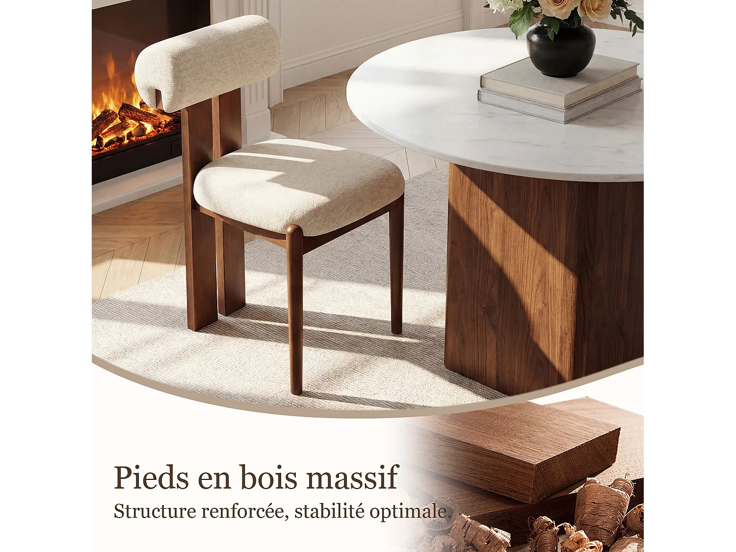 Lot de 6 chaises de salle à manger SMARTUE, dossier cylindrique, cadre en bois, pieds noyer foncé, Beige
