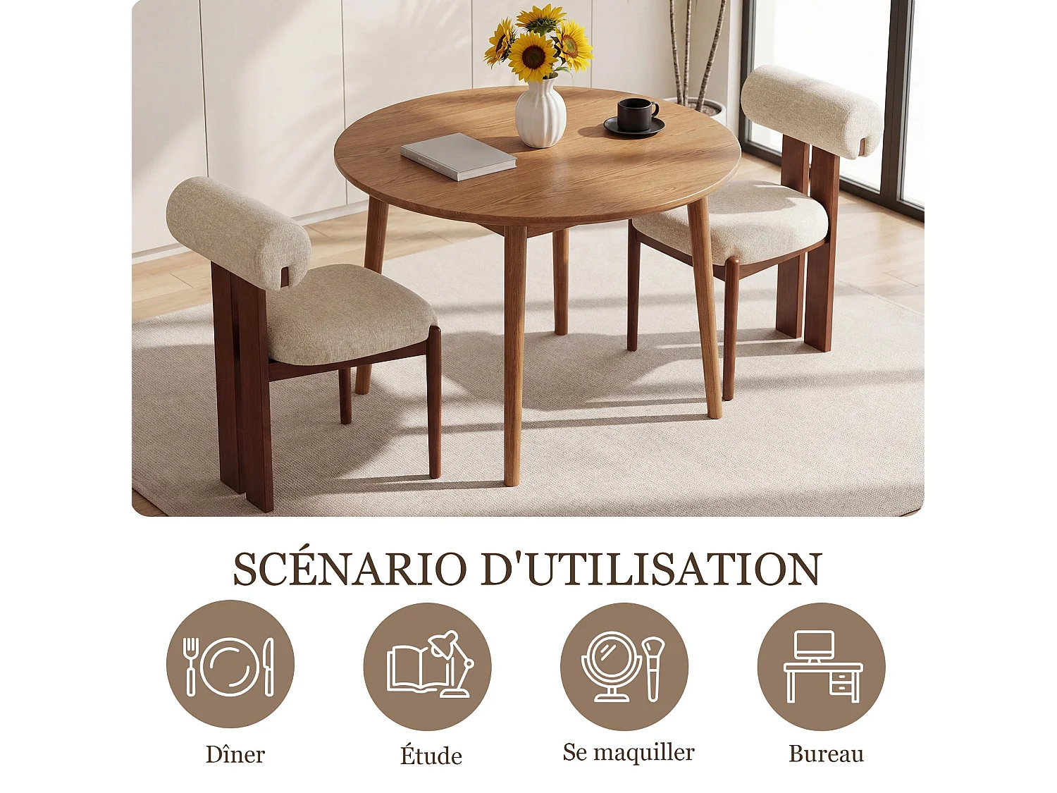 Lot de 6 chaises de salle à manger SMARTUE, dossier cylindrique, cadre en bois, pieds noyer foncé, Beige