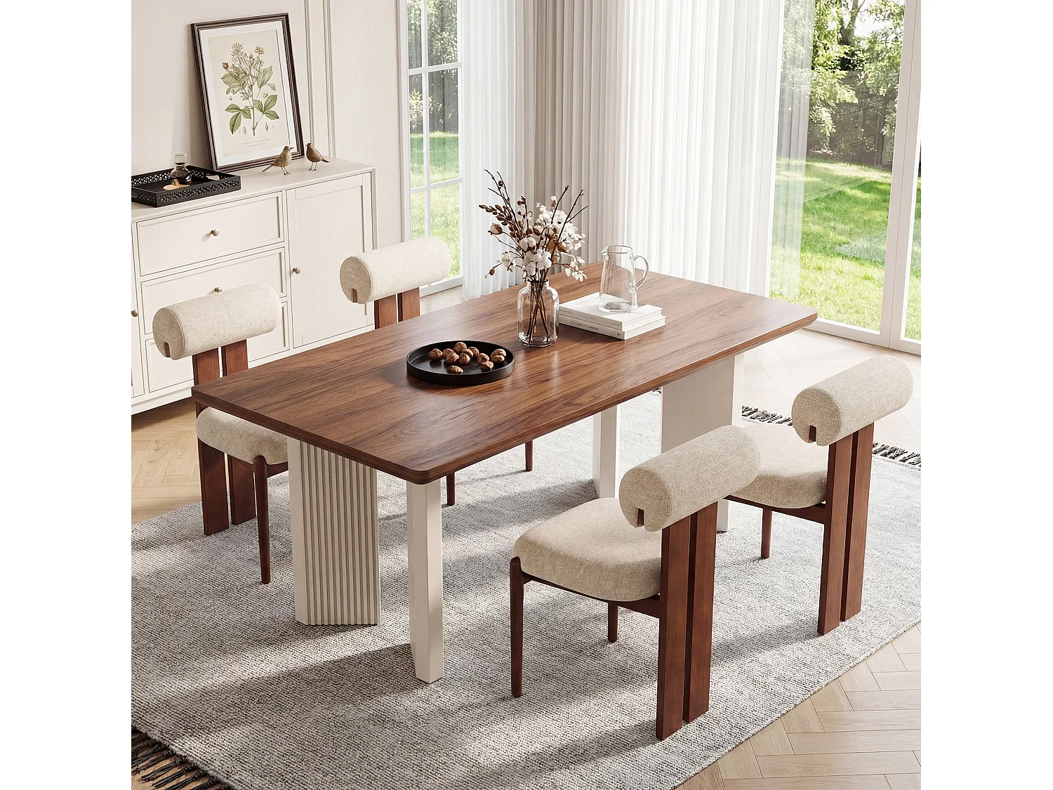 Lot de 6 chaises de salle à manger SMARTUE, dossier cylindrique, cadre en bois, pieds noyer foncé, Beige