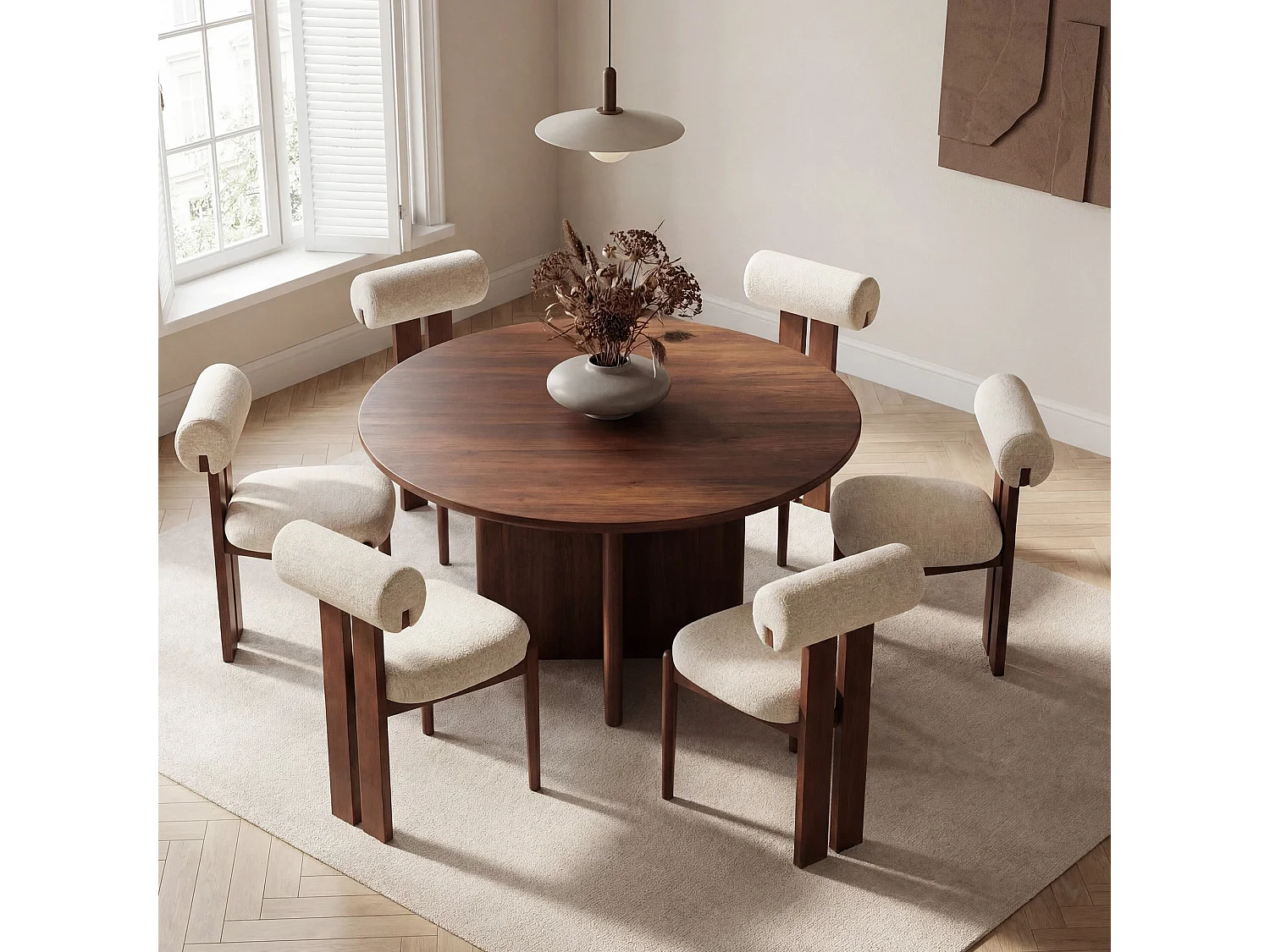 Lot de 6 chaises de salle à manger SMARTUE, dossier cylindrique, cadre en bois, pieds noyer foncé, Beige