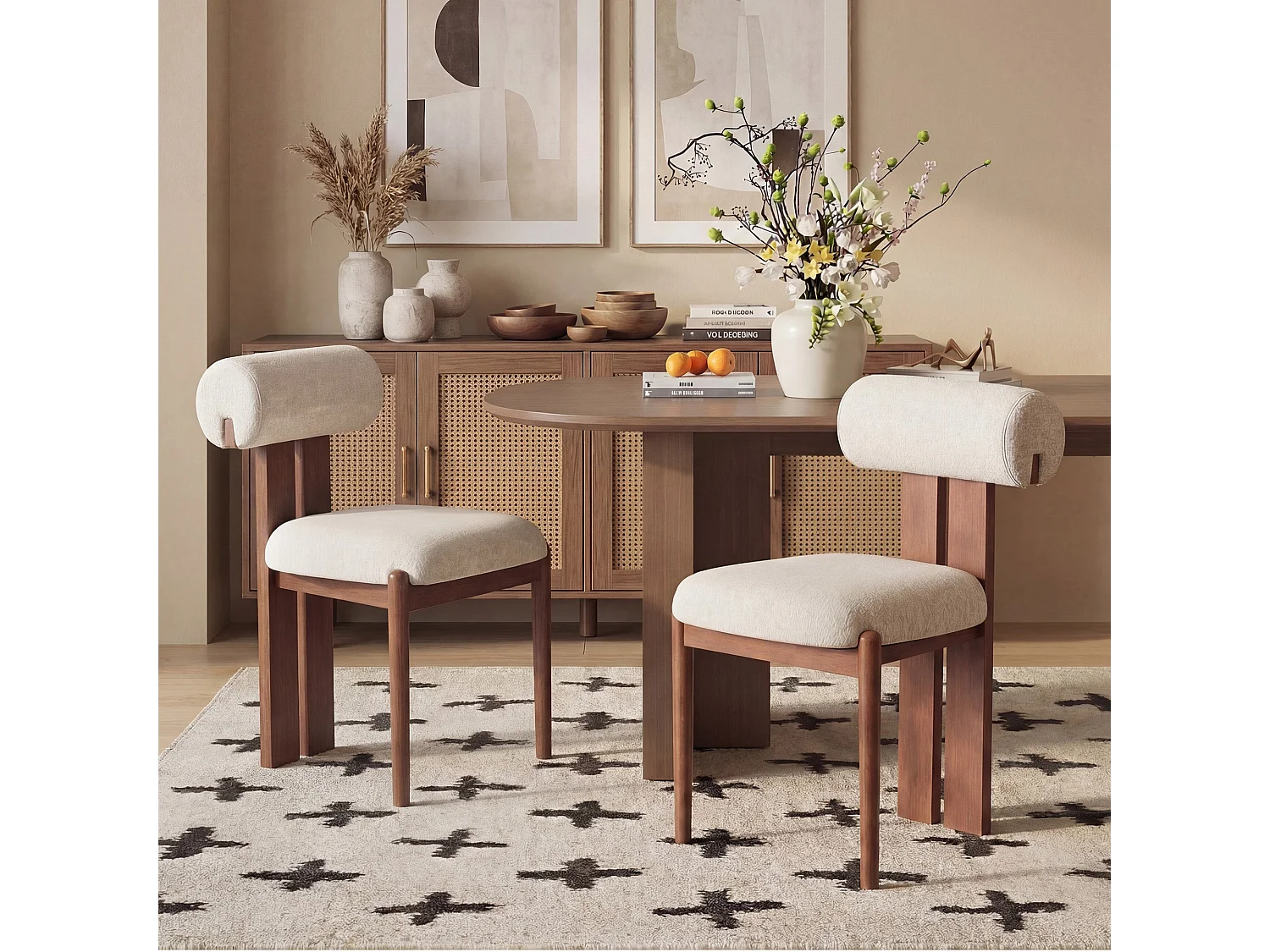 Lot de 6 chaises de salle à manger SMARTUE, dossier cylindrique, cadre en bois, pieds noyer foncé, Beige