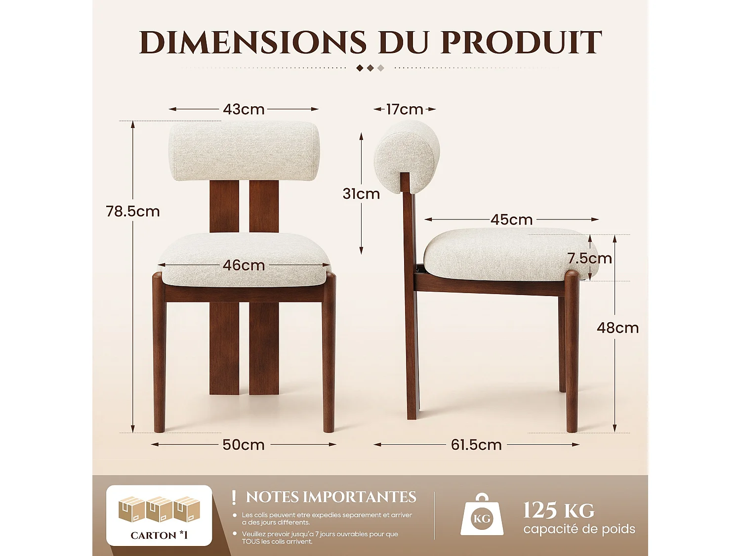 Lot de 6 chaises de salle à manger SMARTUE, dossier cylindrique, cadre en bois, pieds noyer foncé, Beige