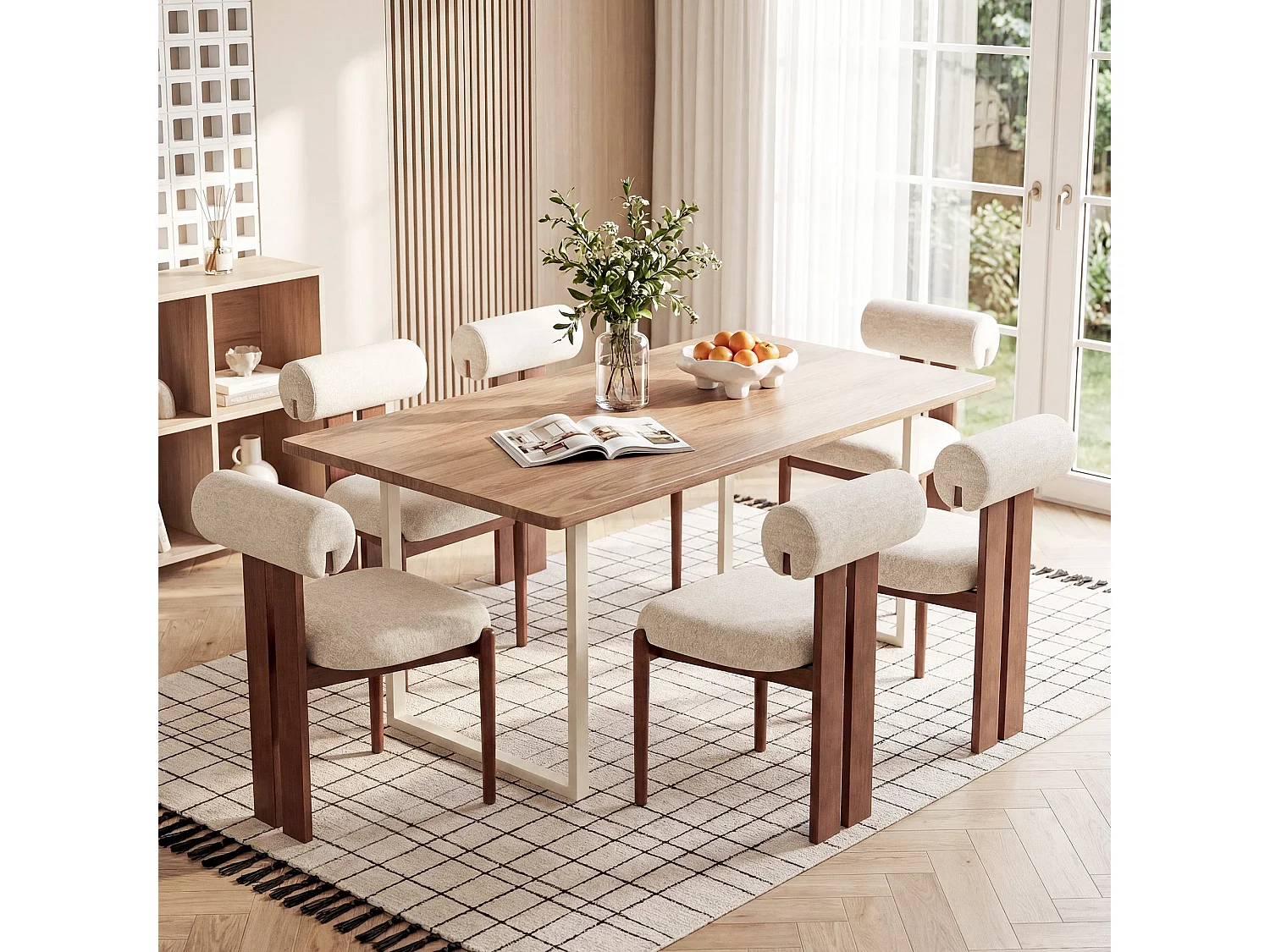 Lot de 4 chaises de salle à manger SMARTUE, dossier cylindrique, cadre en bois, pieds noyer foncé, Beige