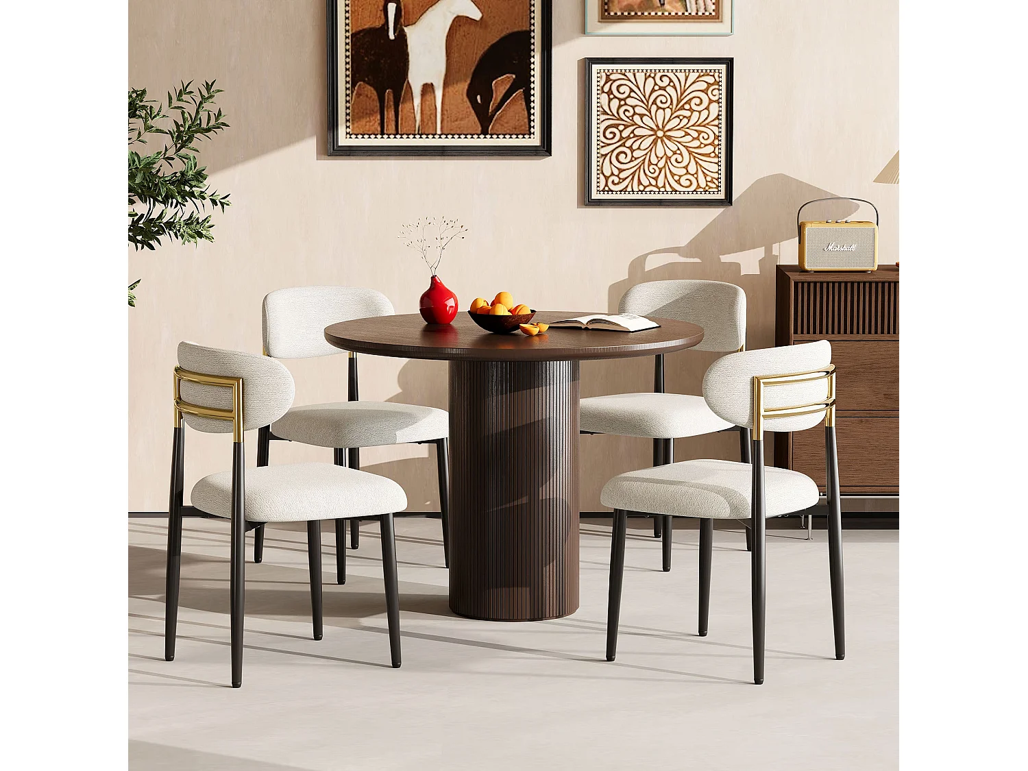 Lot de 2 chaises de salle à manger en tissu rembourrées, dossier arrondi avec cadre doré, pieds métal, beige