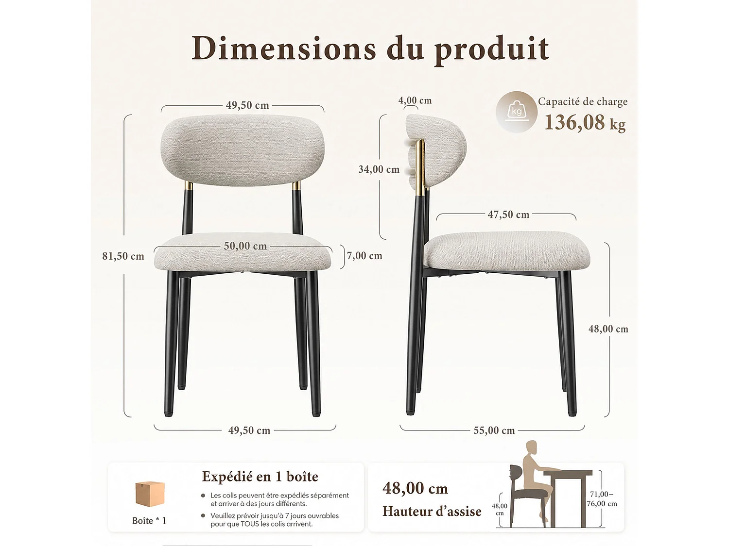 Lot de 2 chaises de salle à manger en tissu rembourrées, dossier arrondi avec cadre doré, pieds métal, beige