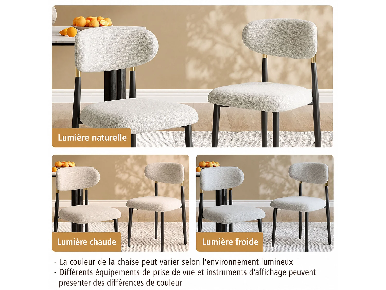 Lot de 2 chaises de salle à manger en tissu rembourrées, dossier arrondi avec cadre doré, pieds métal, beige