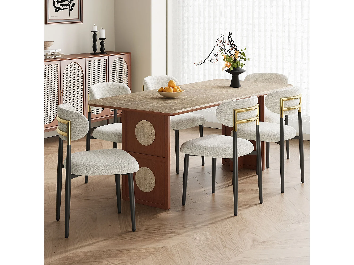 Lot de 2 chaises de salle à manger en tissu rembourrées, dossier arrondi avec cadre doré, pieds métal, beige