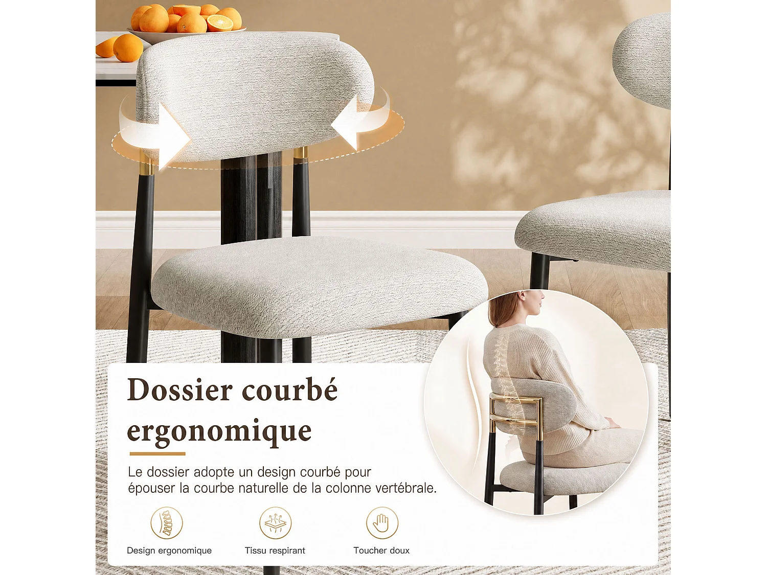 Lot de 2 chaises de salle à manger en tissu rembourrées, dossier arrondi avec cadre doré, pieds métal, beige