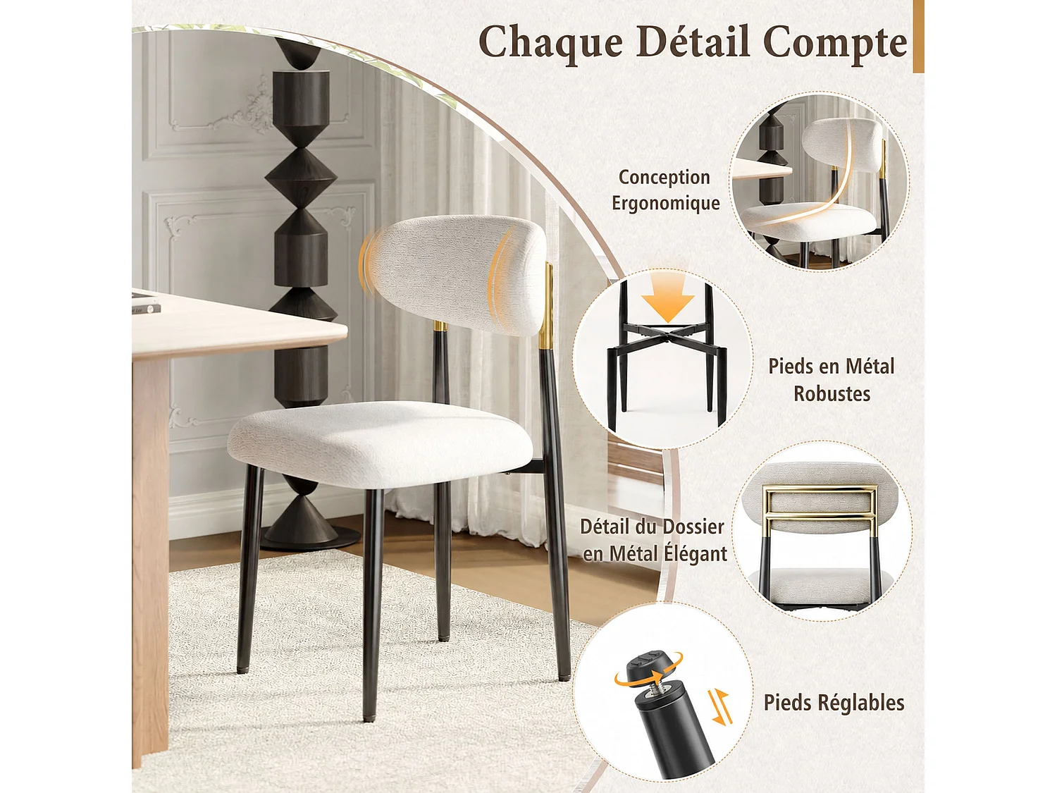 Lot de 2 chaises de salle à manger en tissu rembourrées, dossier arrondi avec cadre doré, pieds métal, beige