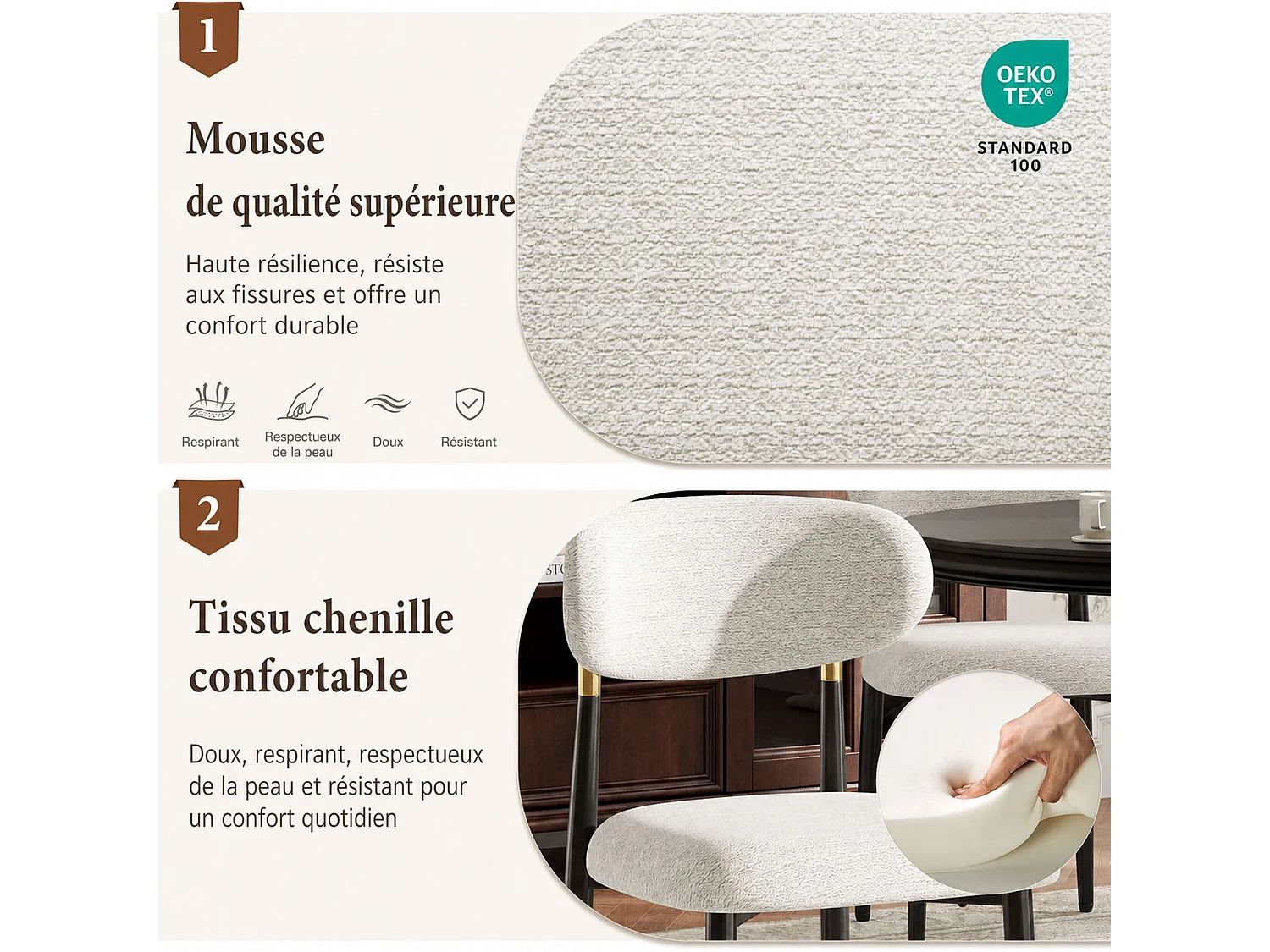 Lot de 2 chaises de salle à manger en tissu rembourrées, dossier arrondi avec cadre doré, pieds métal, beige