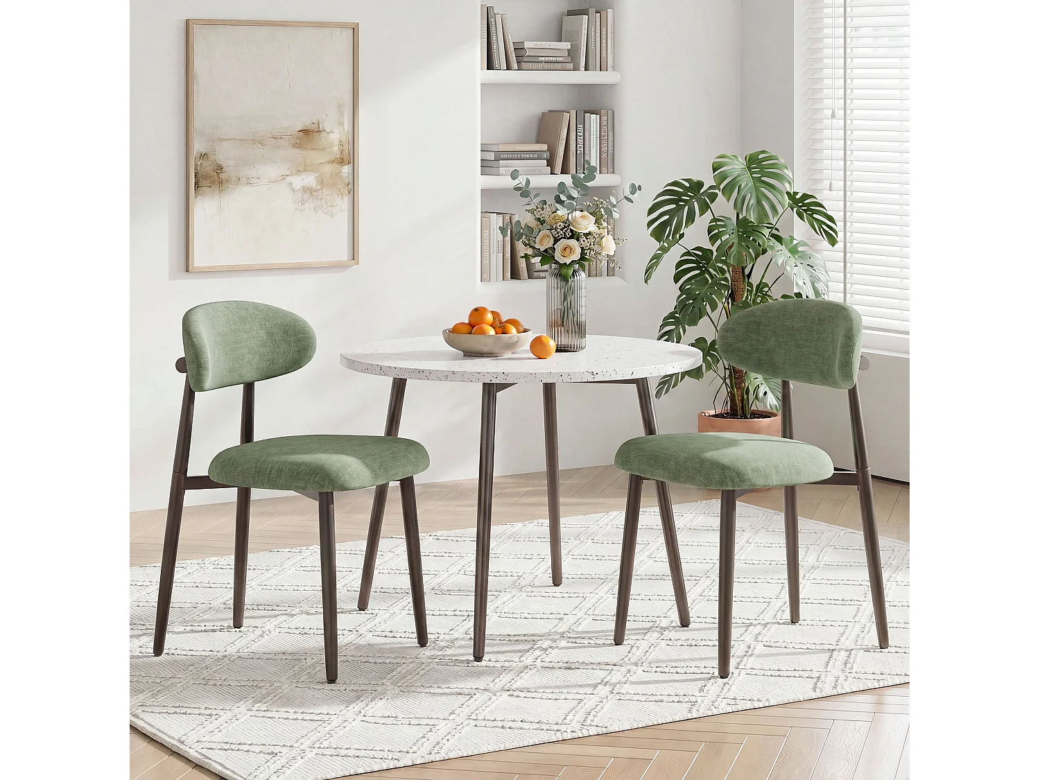 Lot de 2 chaises de salle à manger en tissu rembourré, dossier incurvé ergonomique, pieds en métal finition bronze, vert