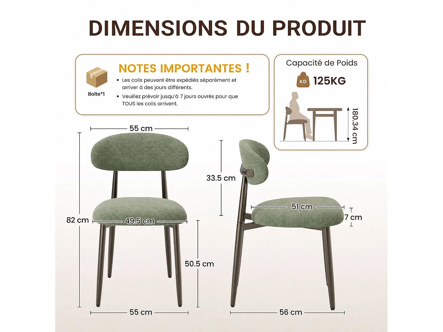 Lot de 2 chaises de salle à manger en tissu rembourré, dossier incurvé ergonomique, pieds en métal finition bronze, vert