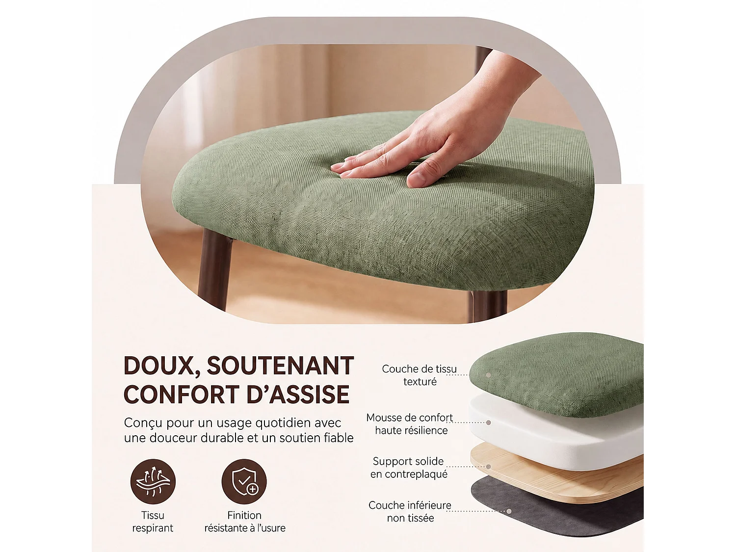 Lot de 2 chaises de salle à manger en tissu rembourré, dossier incurvé ergonomique, pieds en métal finition bronze, vert