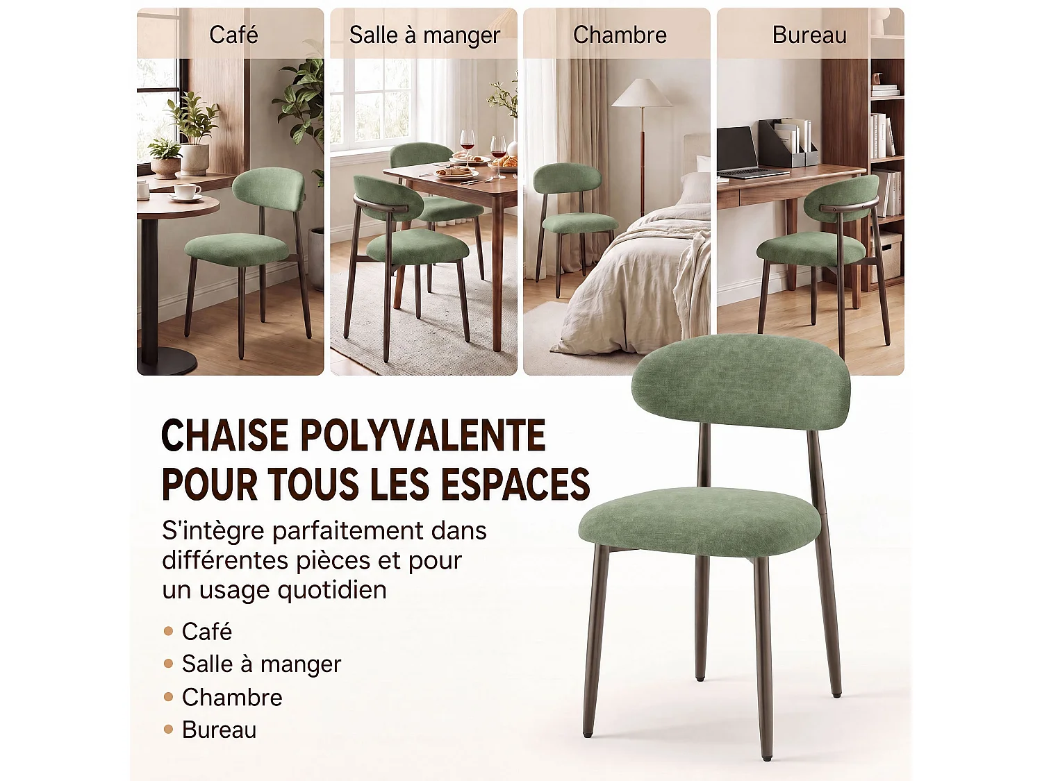 Lot de 2 chaises de salle à manger en tissu rembourré, dossier incurvé ergonomique, pieds en métal finition bronze, vert