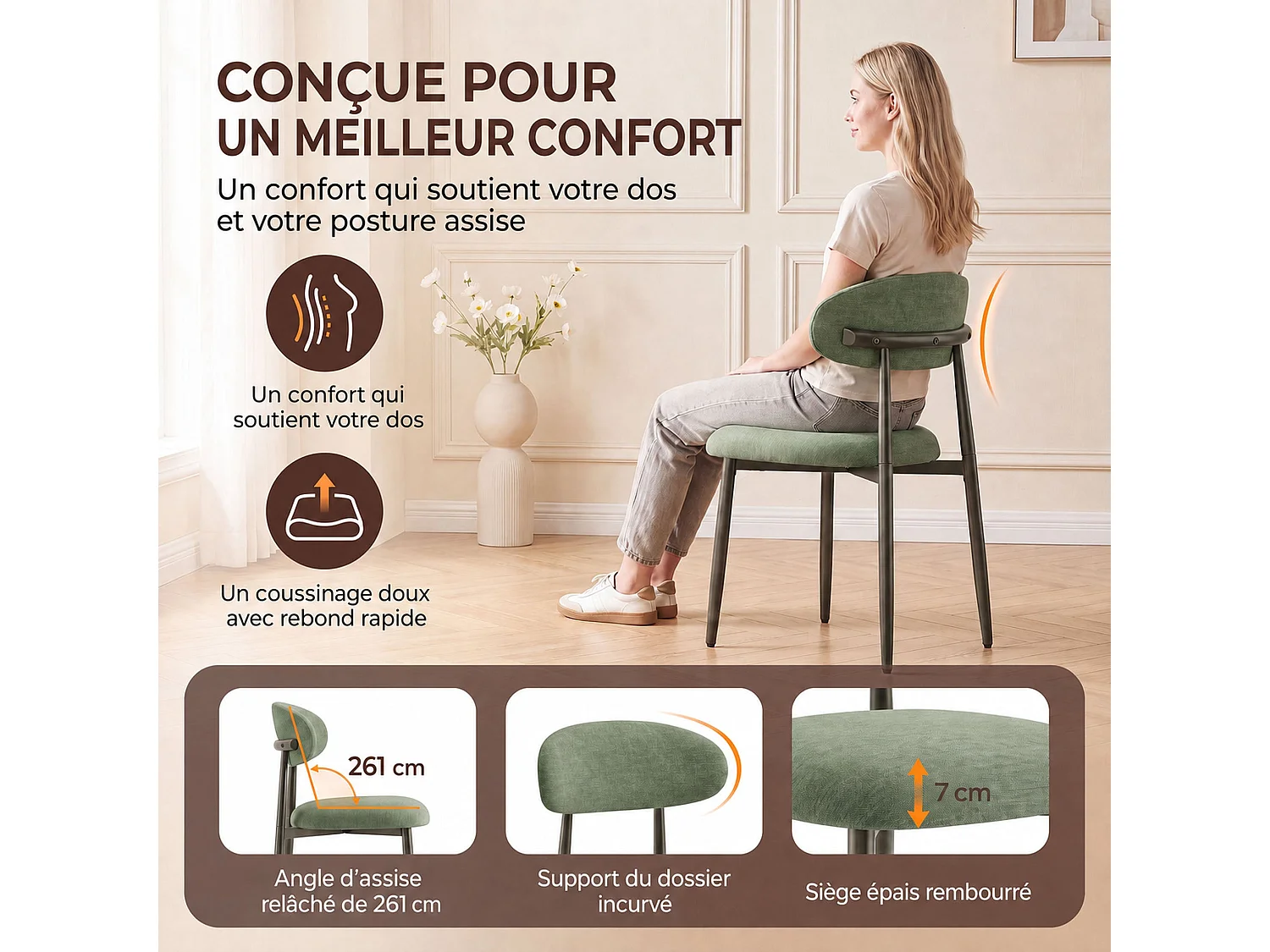 Lot de 2 chaises de salle à manger en tissu rembourré, dossier incurvé ergonomique, pieds en métal finition bronze, vert